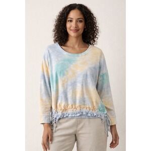 Soft Surroundings Tie Dye Top Ruched Hem Drawstring Cotton Long Sleeve Large